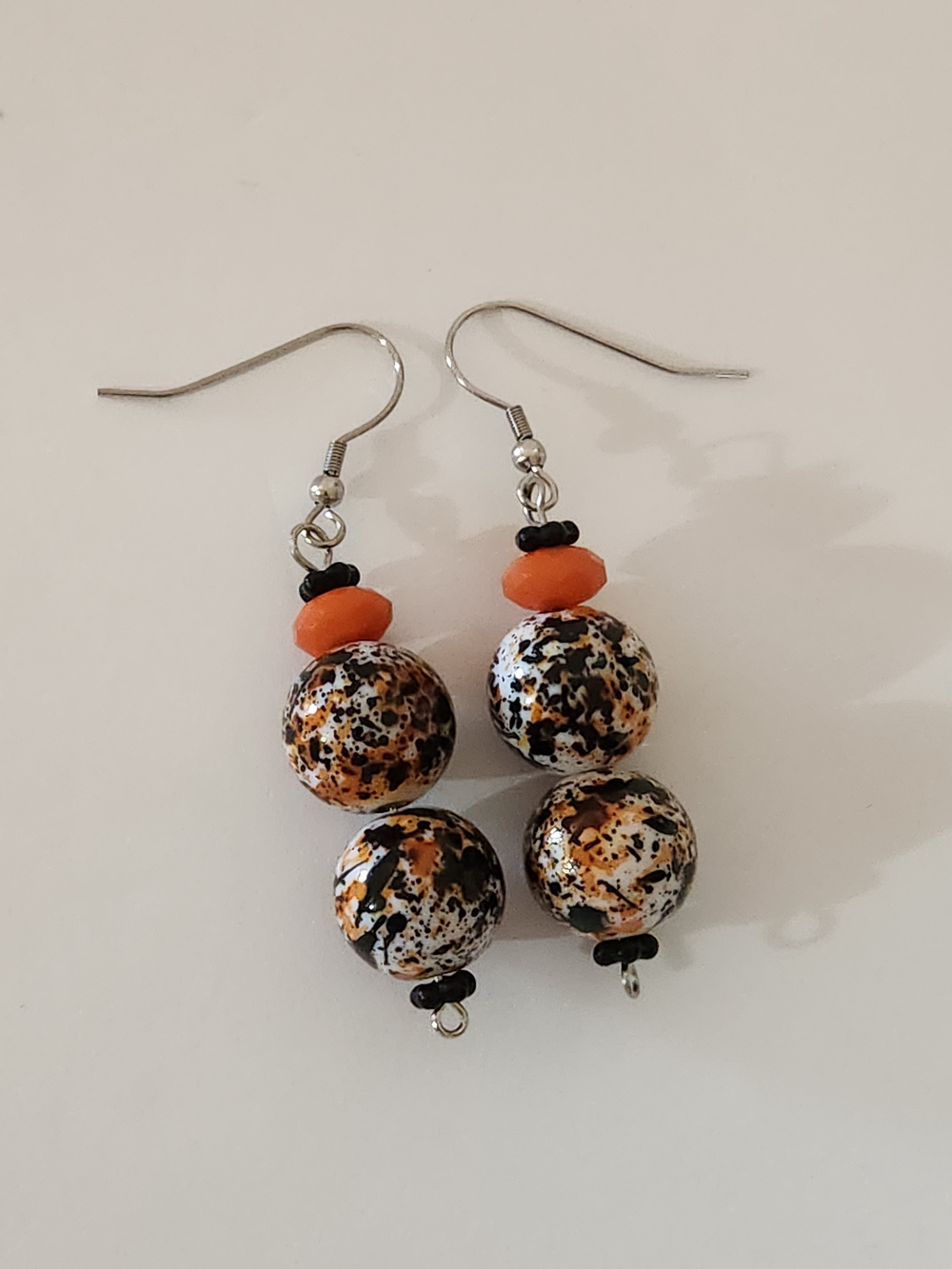 Hand Crafted Speckled Bead Drop Earrings in Orange, Black, White